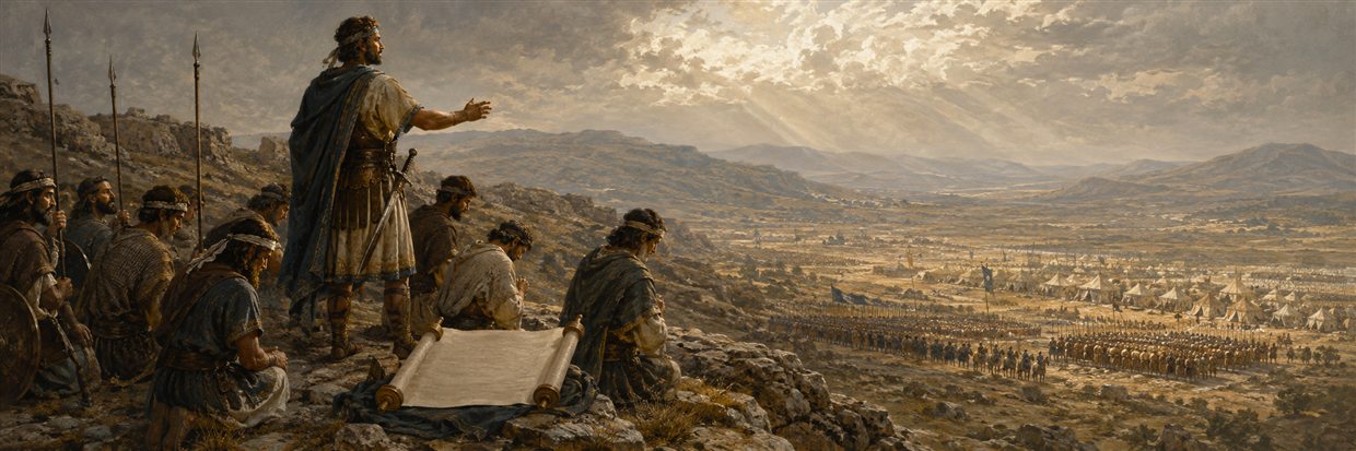 Judas encourages a small Judean company in the hills as a much larger army gathers across the distant plain